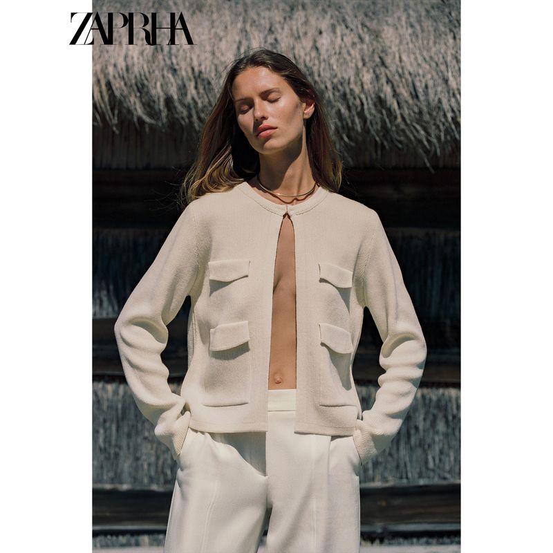 Zaprha 2025 Autumn New French Style Design Sense Pocket Decoration Round Neck Long Sleeve Knitted Outerwear 6427021