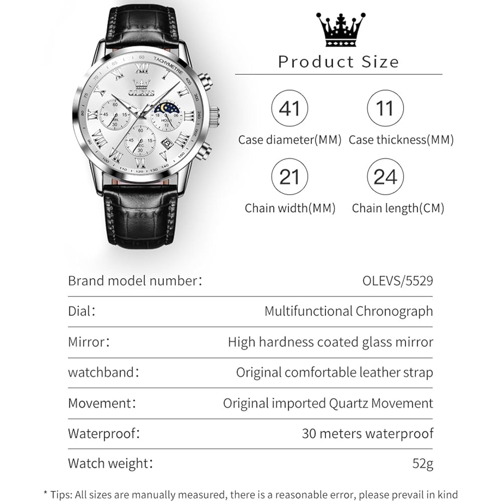 Olevs Men's Chronograph Waterproof Analog Watch Black Leather Strap Date Display Fashion Timepiece White Dial