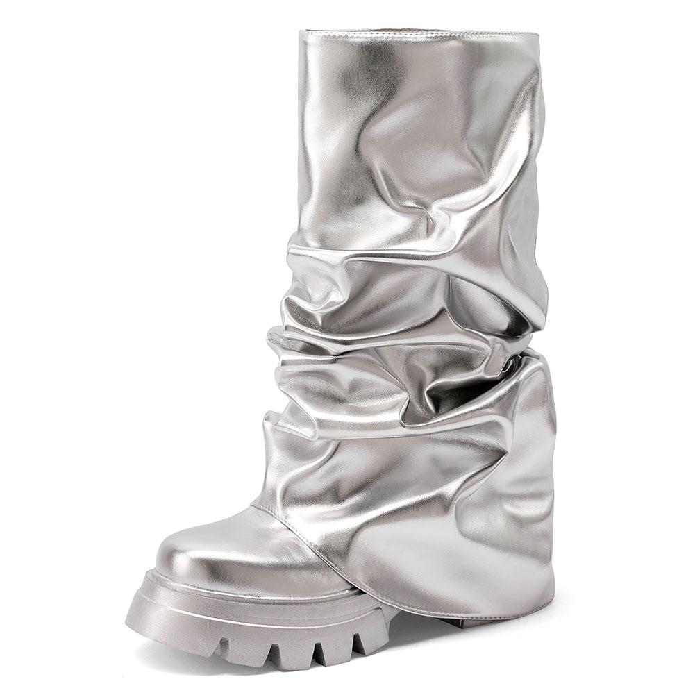 Женские сапоги-сапоги с завышенной талией, модные плиссированные сапоги на толстом каблуке с круглым носком и платформой, с застежкой-молнией, до колена 7