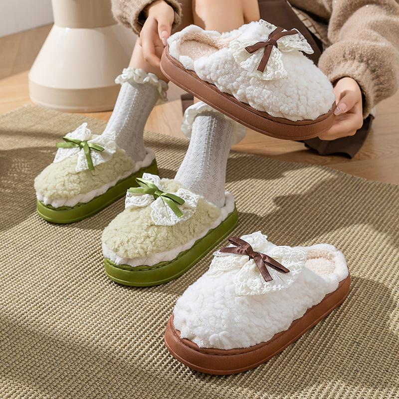 New bow cotton slippers autumn and winter indoor home soft sole non-slip warm plush platform shoes