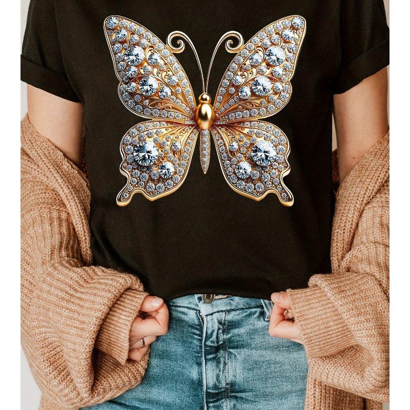 

European sizes Women s Sparkling Butterfly Diamond Bling T-Shirt - Shimmering Casual Top with Short Sleeve Crew Neck, Bling Print Suitable 4XL чорний