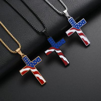 American USA Flag Necklace For Men Stainless Steel Cross Pendant Chain For Women The Stars And Stripes Jewelry Gift