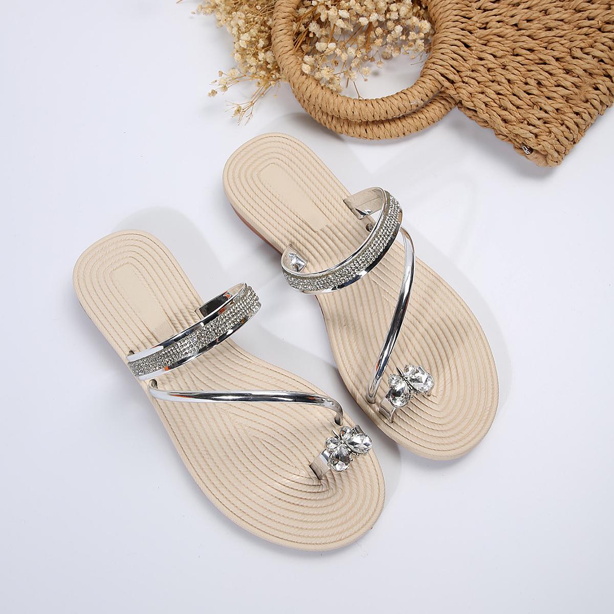 

Женские шлепанцы, повседневная обувь на плоской подошве, домашние летние элегантные модные женские босоножки со стразами на низком каблуке 43 серебряный