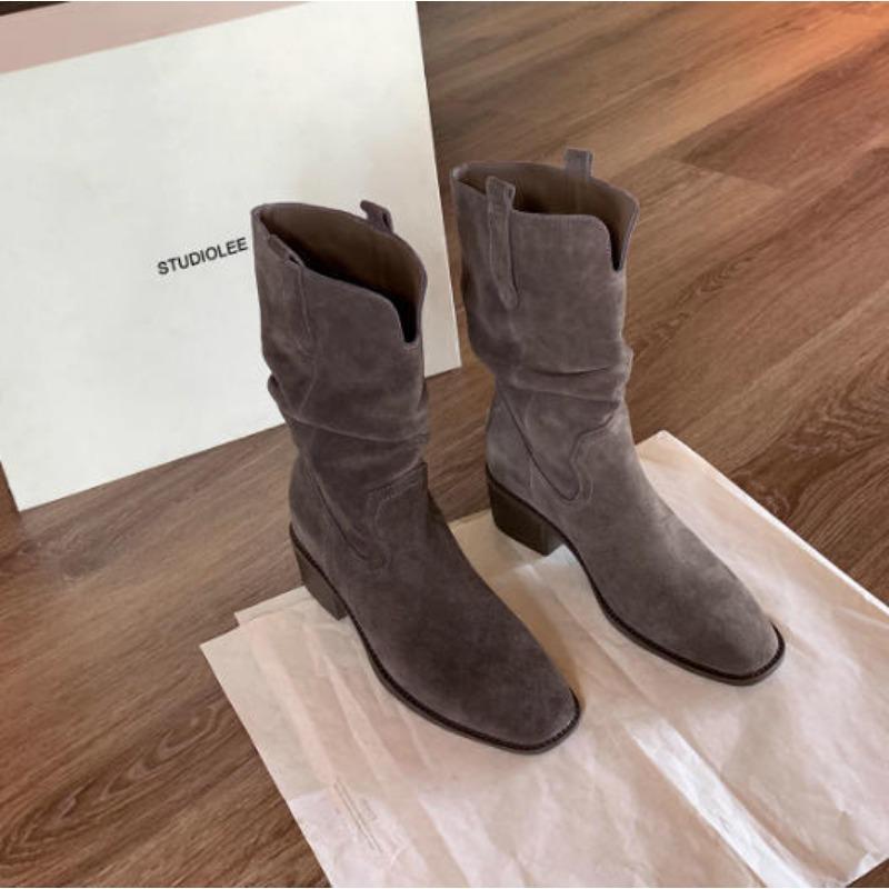 Cowhide Height Increase 8cm Round Head V Mouth Thick Heel Thin Pile Short Boots Female Western Cowboy Boots