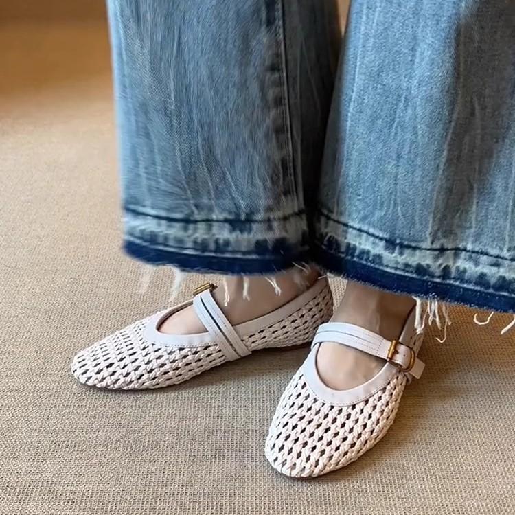 Sheepskin version~ versatile French woven mesh one-word buckle single shoes women's shallow mouth round head flat bottom comfortable Mary Jane shoes