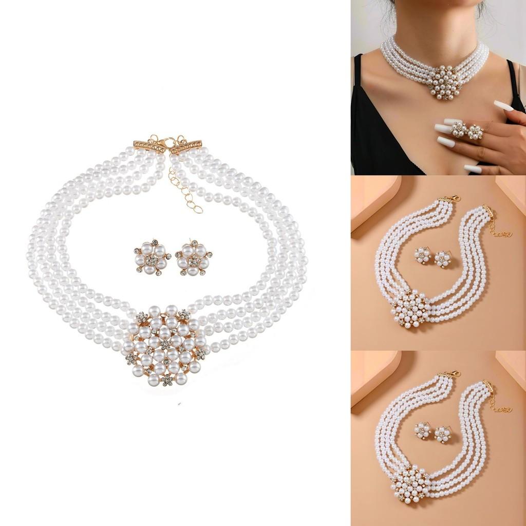 Colar com Pingente de Flor Estilo Europeu e Brincos com Pérola Artificial e Strass