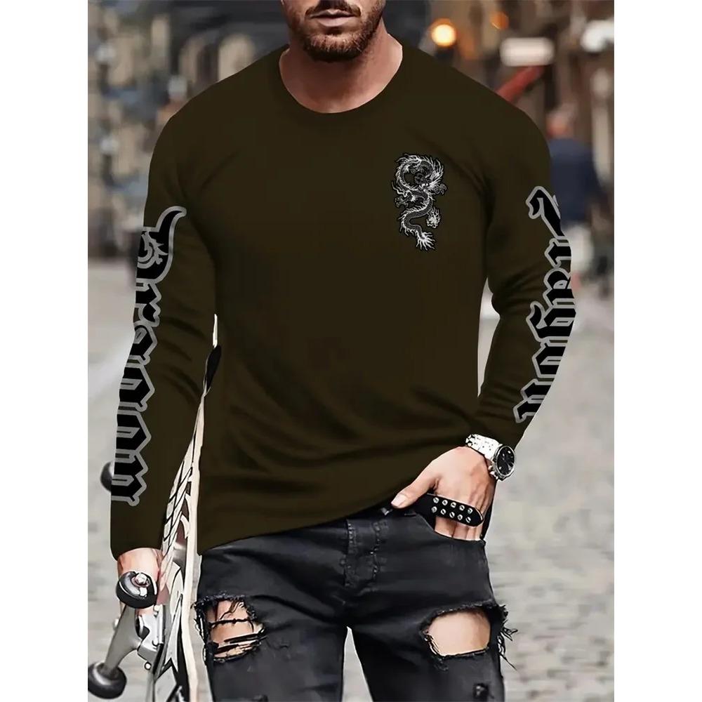 Simple Longteng Print Autumn Fashion Crewneck Men's Long Sleeve T-shirt Outdoor Street Fashion Top Everyday Casual Comfort
