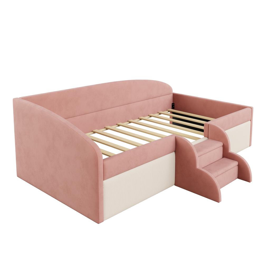 Upholstered Bed Sofa Bed, 90*190cm, Multifunctional Bed, with Steps and Guardrails, Skin-Friendly Velvet Fabric, without Mattress, Pink+Cream White