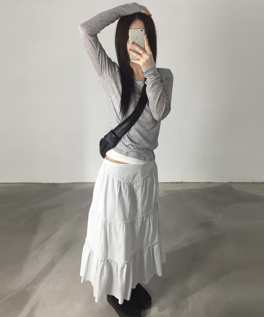 Chix Check Tiered Long Skirt Sky Blue
