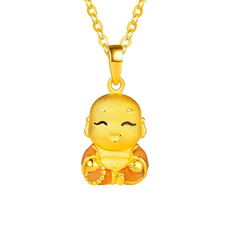 Vietnamese Gold-Plated Buddha & Guanyin Pendant Necklace - Enamel Ingot God of Wealth Design for Men and Women