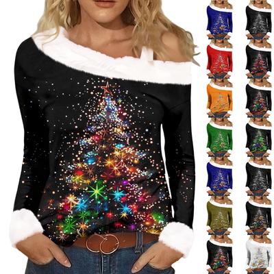 Women's Casual Fashion Sexy Off-Shoulder Collar Christmas Pattern Long Sleeve Crewneck T-Shirt Top
