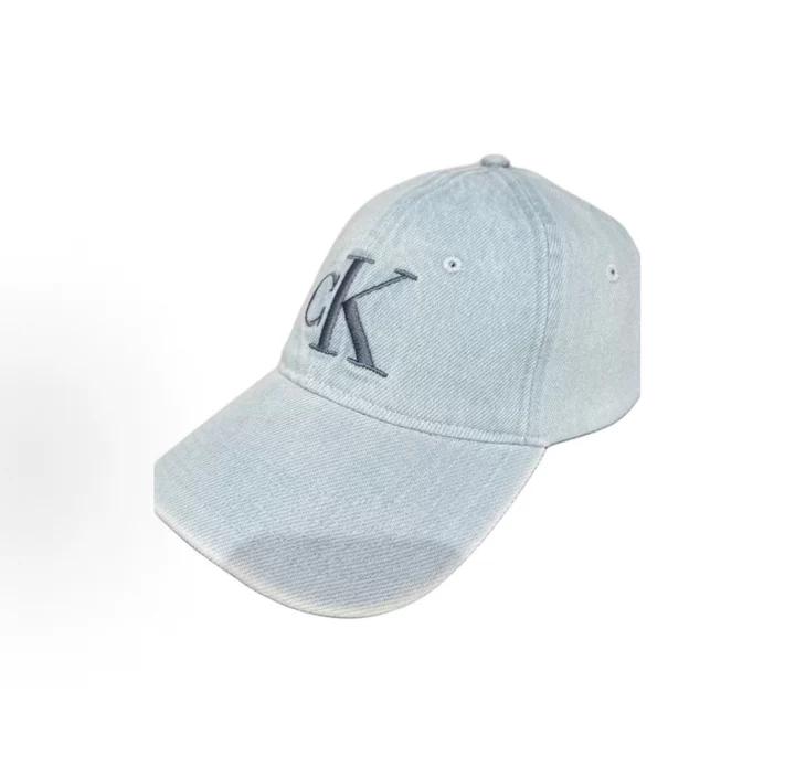 Calvin Klein Allover Print Denim Baseball Cap, Large Contrast CK Monogram Embroidery Curved Brim Light Wash Vintage Casual Sun Hat 4G5048G-LHL
