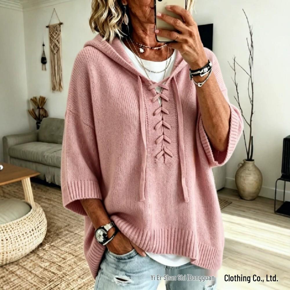 2026 Autumn/Winter Women's European & American Lace-up Hooded Sweater: Casual Loose Fit, Lazy Style Knitwear with Drop Shoulders
