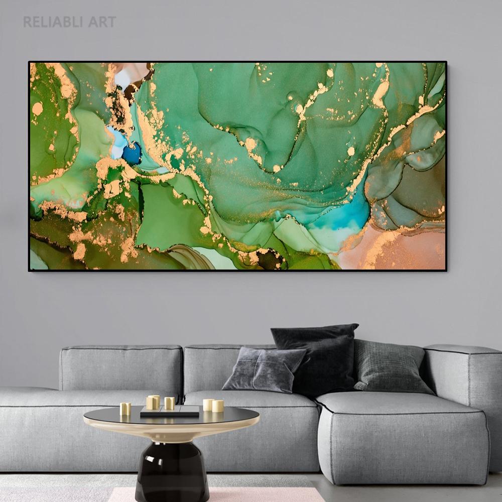 Abstract Dark Gray Blue and Gold Fluid Art Canvas Painting Luxury Gold Foil Posters and Prints for Living Room Decor Cuadros