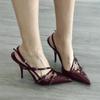 Fashion 2025 New Patent Leather One-Line Buckle Cat Sandals Women'S Black Silk Pointy Stiletto Heels