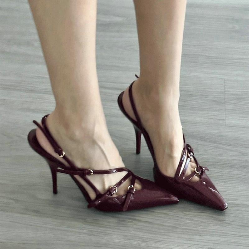 Fashion 2025 New Patent Leather One-Line Buckle Cat Sandals Women'S Black Silk Pointy Stiletto Heels