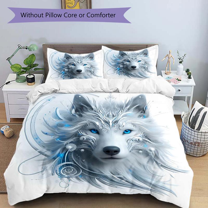 3pcs Enchanted Moonlit Wolf Design Print Bedding Set (1 Cover + 2 Pillowcases, Without Inserts), This Printed Bedding Set Is Soft and Comfortable