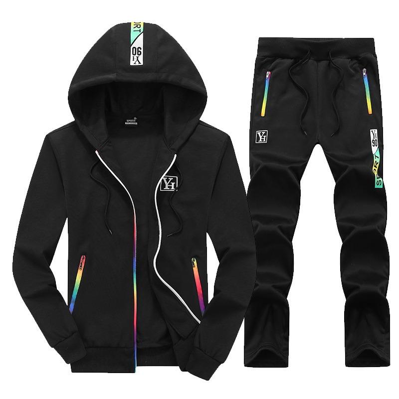 Casual 2-piece Hooded Long-sleeved Stand-up Collar Printed Cardigan Spring and Autumn Sports Sweater Pants Suit Men