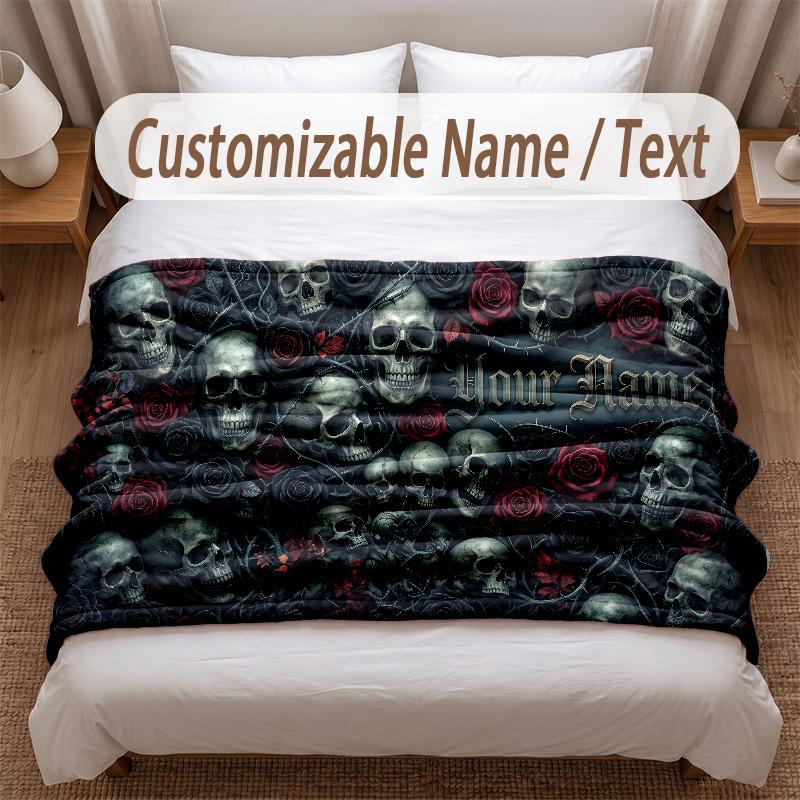 Skull Gothic Theme Soft Blanket Personalized Custom Name Text Print Warm Blanket Home Sofa Bedroom Decor