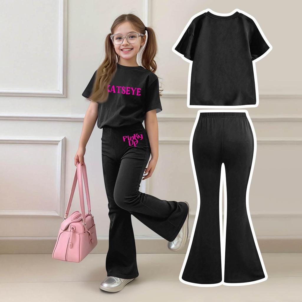 Kids Casual Short Sleeve T-Shirt and Flared Pants Set Lightweight Comfortable Breathable Soft Fabric Suitable for Daily Wear