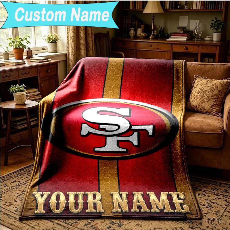 1PC Custom Name Blanket Faithful 49ers Football Flannel Blankets Patterns Throw Blanket All-Season Soft Gift for Couch, Bed, Camping, Birthday Gifts