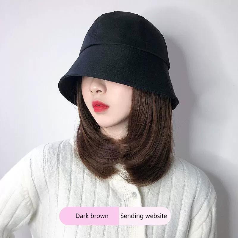 Bucket Hat Synthetic With Hair Cap  Short Straight Bob Fall Autumn Hat Wigs For Women Clip On Hair Extensions