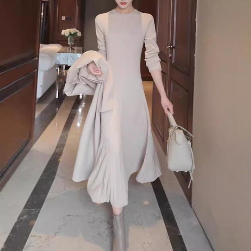 Robes décontractées pour femmes, mode automne hiver, couleur unie, imprimé, manches longues, col rond, taille haute