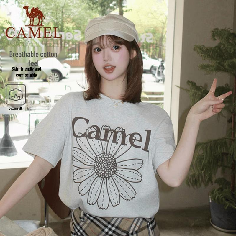 Camel Women s Daisy Cotton Loose Round Neck T-Shirt L