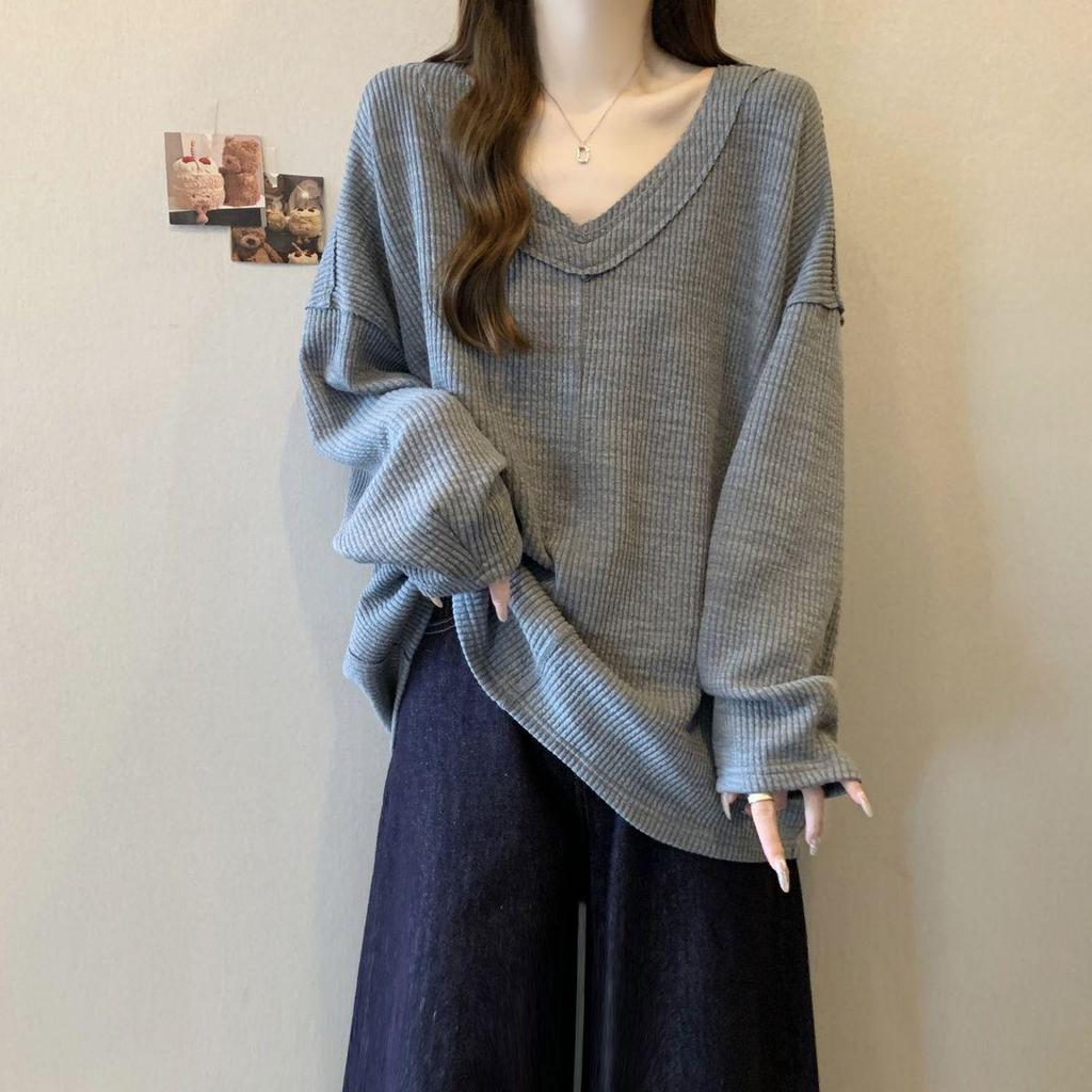 Ribbed V-Neck Long-Sleeve Women's Loose T-Shirt, 2025 Autumn Collection