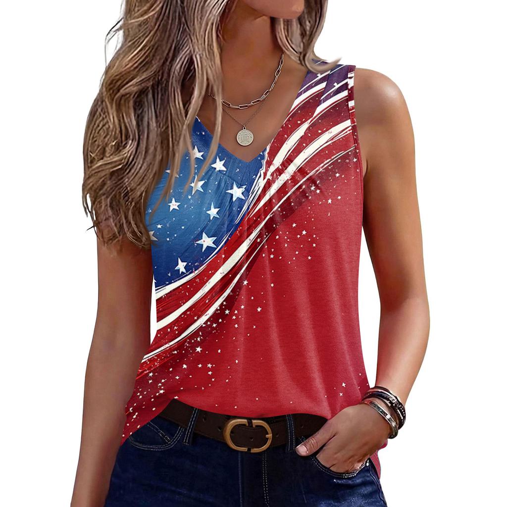 V-Neck Tank Top Women Print Tank Tee Casual Loose Fit Sleeveless Shirt