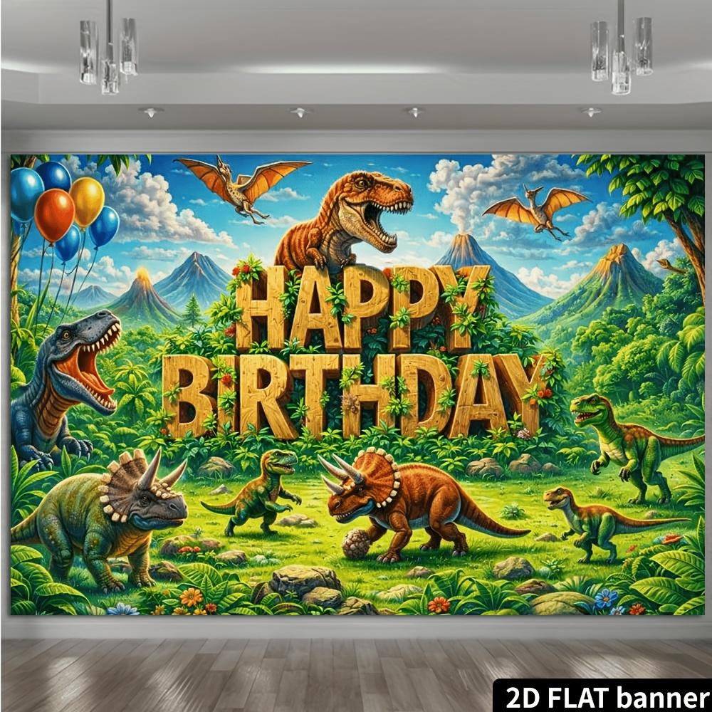 Fundal banner petrecere de ziua de naștere plat 2D - Tematică dinozauri, cu diverse elemente de dinozauri