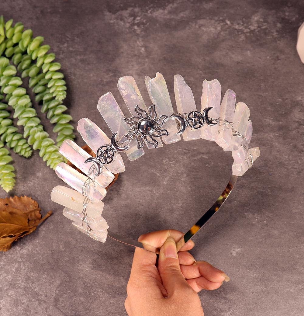 Handmade Natural Crystal Sun, Moon  Stars Crown Headdress for Brides