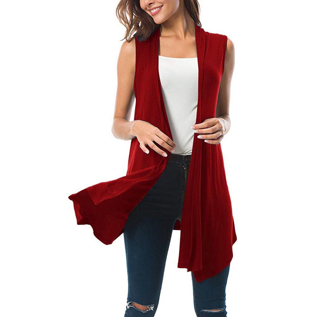 Ärmellose, drapierte, vorne offene Cardigan-Weste für Damen mit asymmetrischem Saum, Blusen-Tops