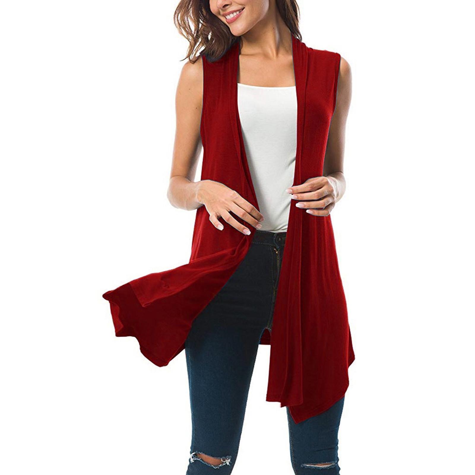 Women s Sleeveless Draped Open Front Cardigan Vest Asymmetric Hem Blouse Tops S красный