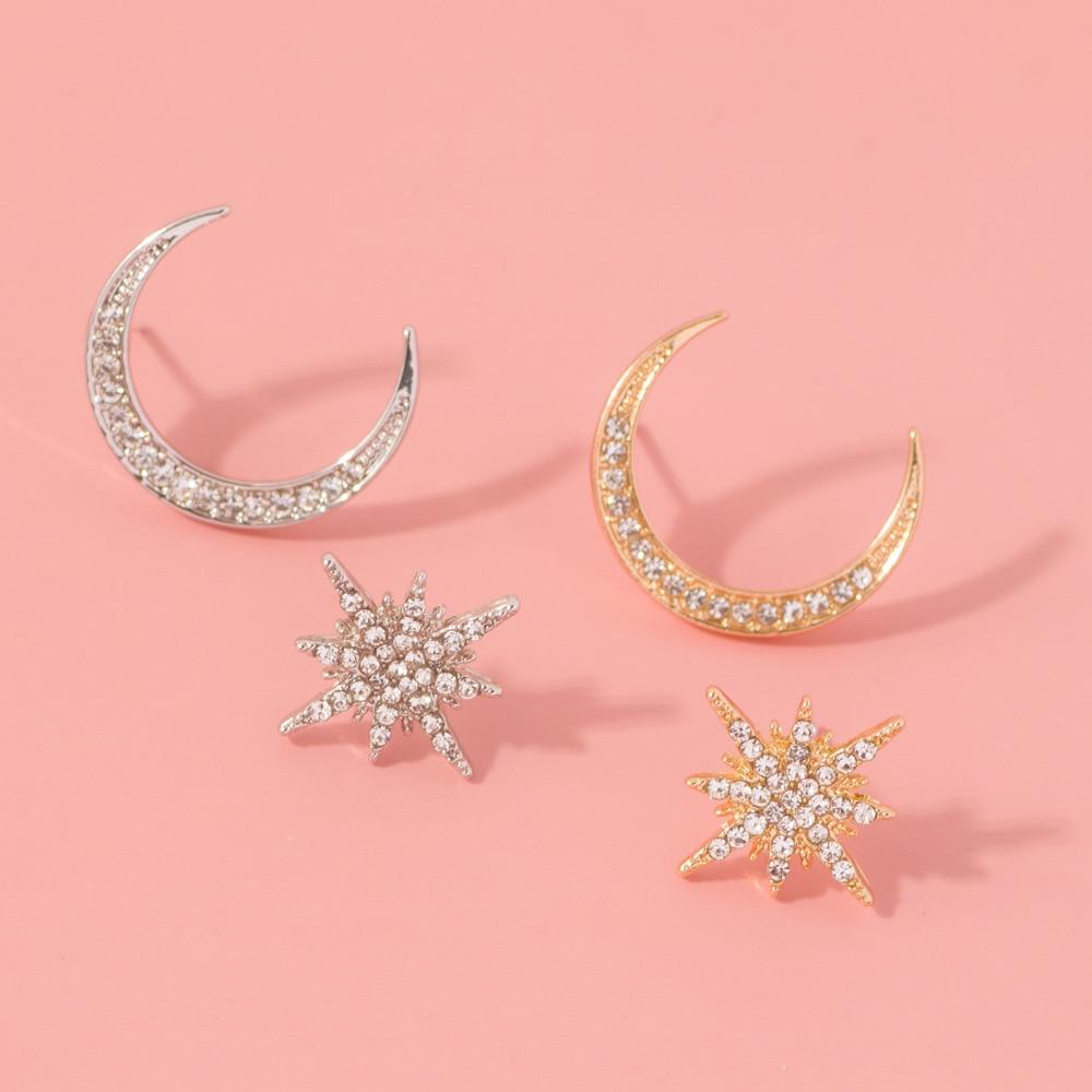 Orecchini Pendenti Asimmetrici Donna Stella E Luna | Gioielli Bohémien Alla Moda Con Strass Pastello - 3