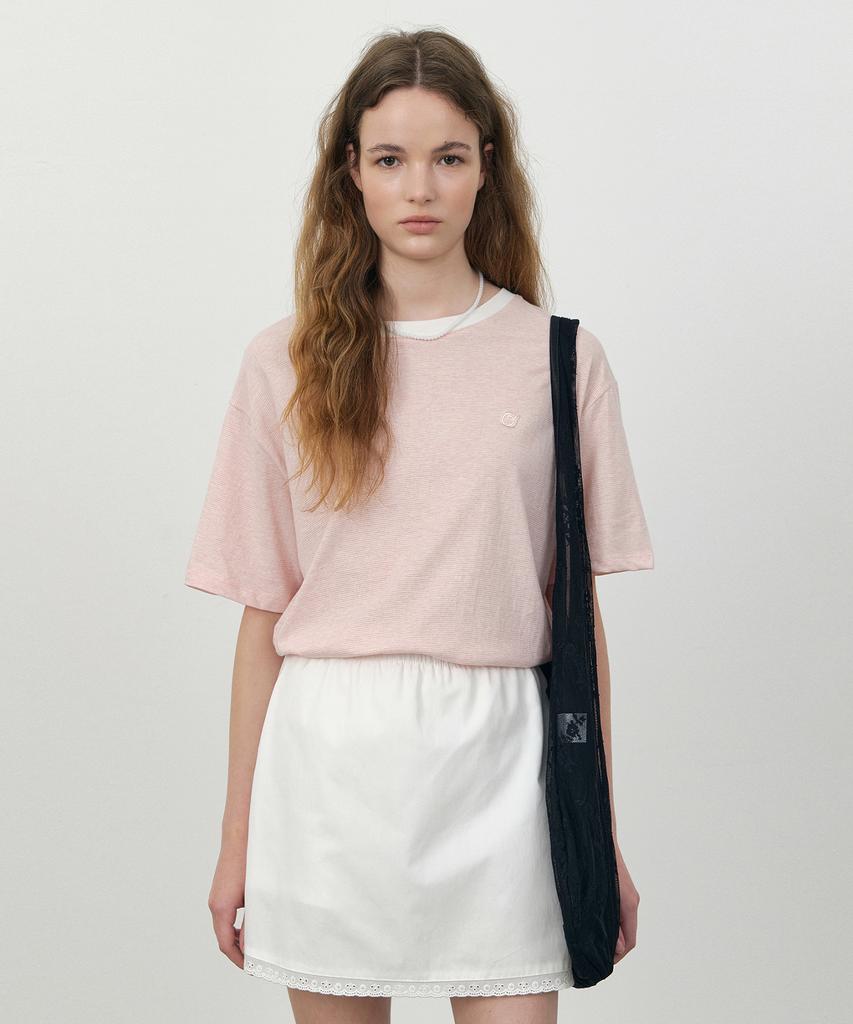 LOEIL Appliqué Logo Stripe Oversized T-Shirt_Pink