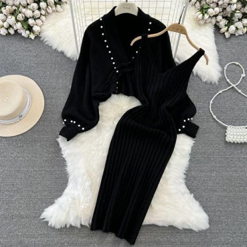 

Вязаный кардиган со шнуровкой и бусинами в стиле ленивой моды, женский свитер, куртка, утягивающее платье-комбинезон, комплект из двух предметов, плотный One Size чёрный