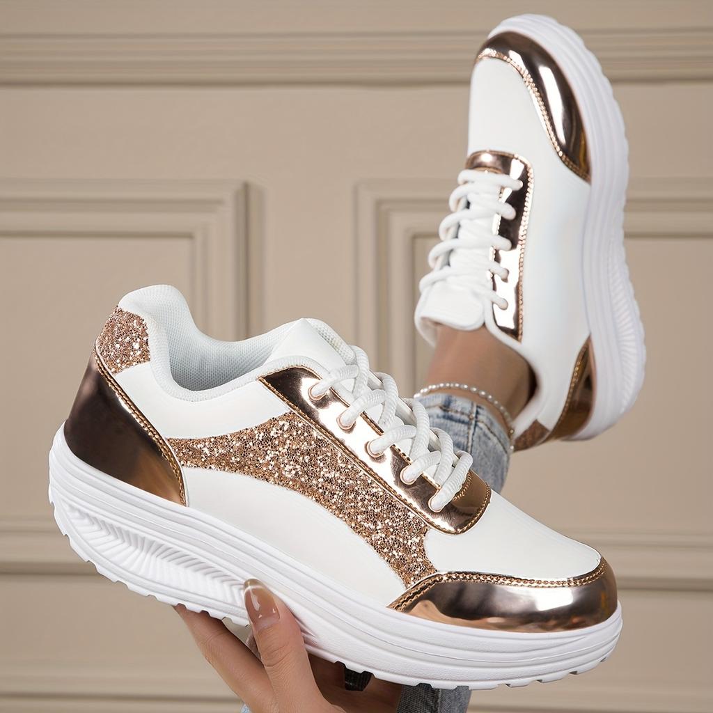 Thick-Soled Height-Increasing Silvery Rocking Shoes, Comfortable Cushioned Casual Sneakers, Women Shoes