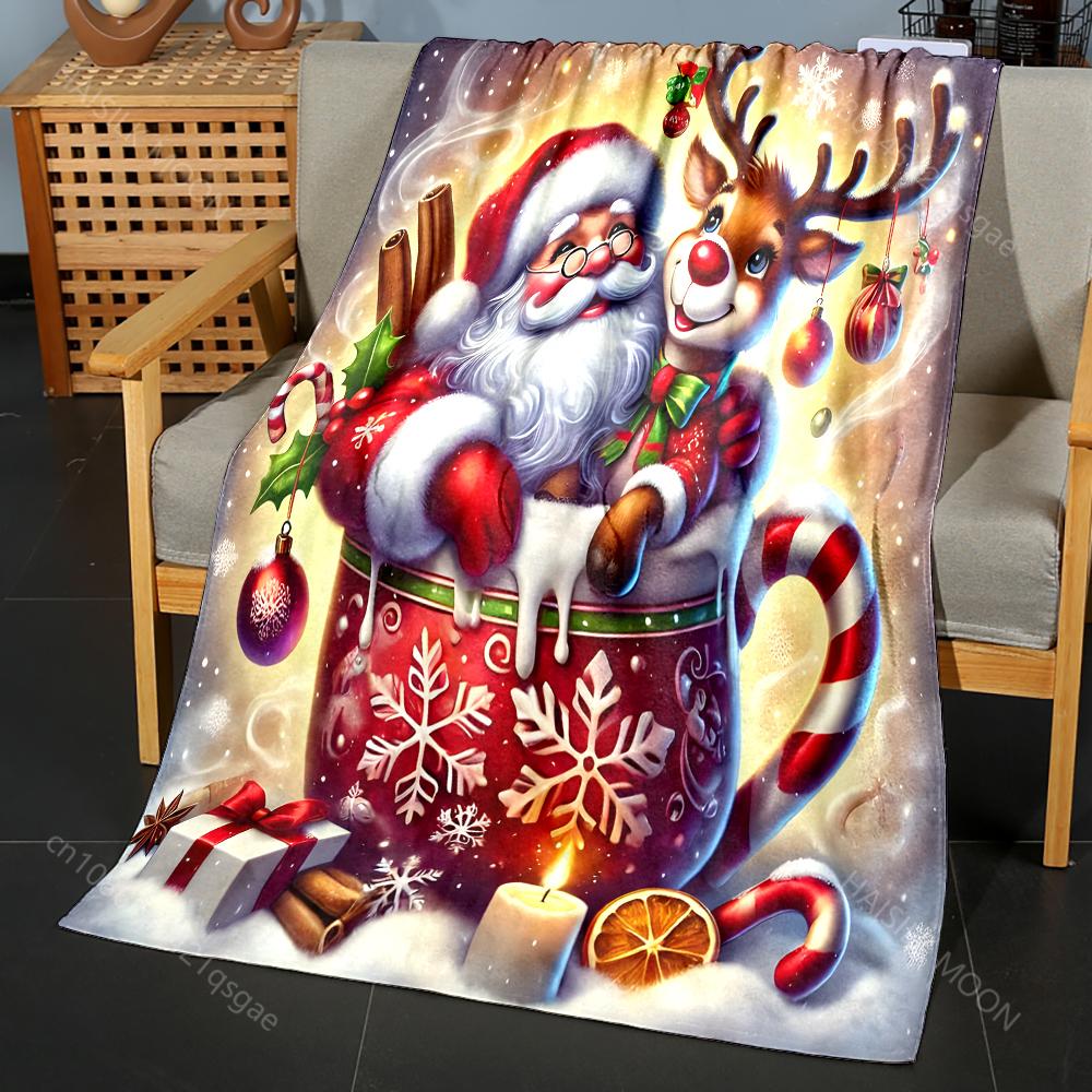 1PC Santa and Reindeer In Cup Pattern Blanket Flannel Material Soft Warm for All Seasons,For Home Outdoor Camping Picnics RV
