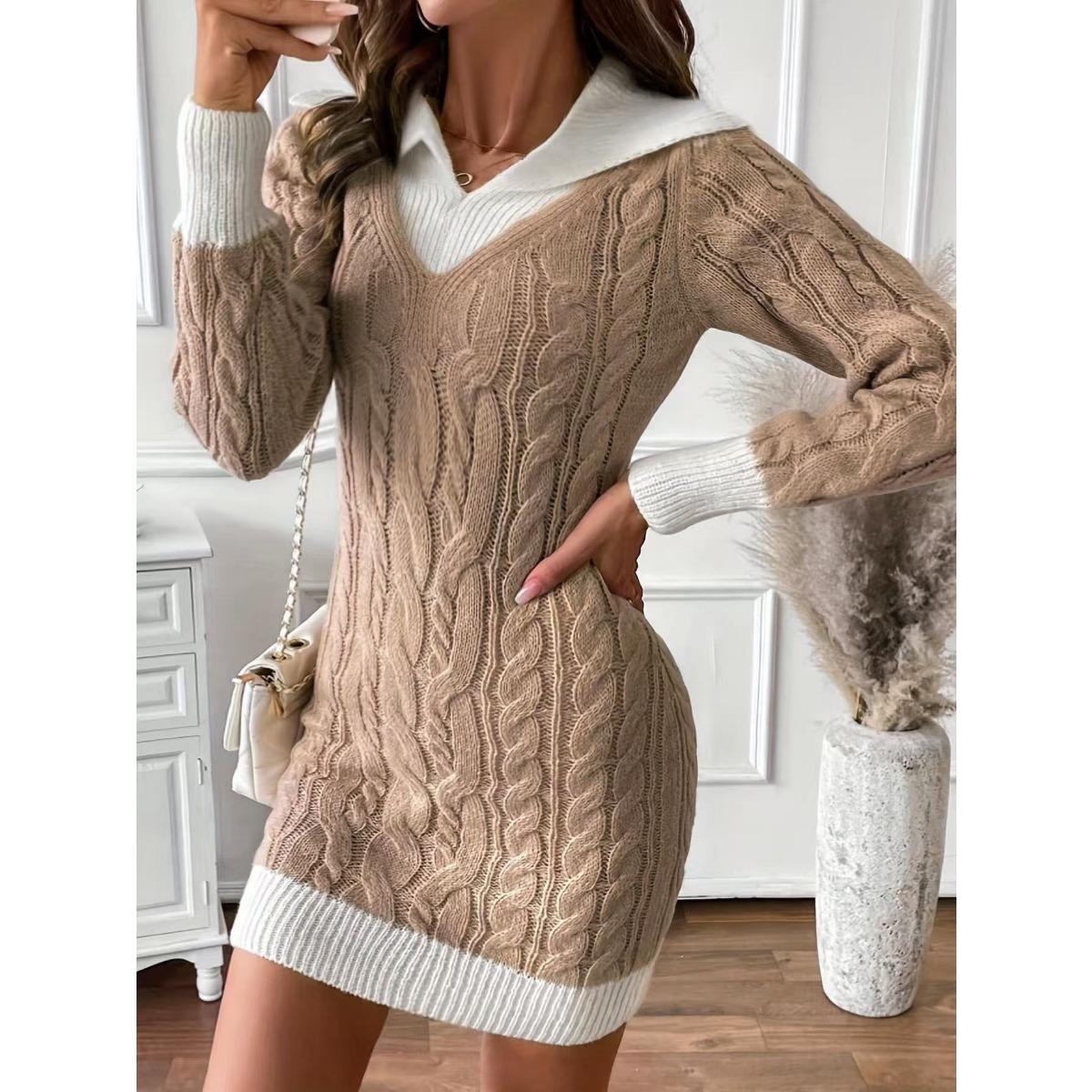 Fall Winter Women s Doll Collar Color Block Twist Knit Long Sleeve Mini Sweater Dress for Petite S хаки