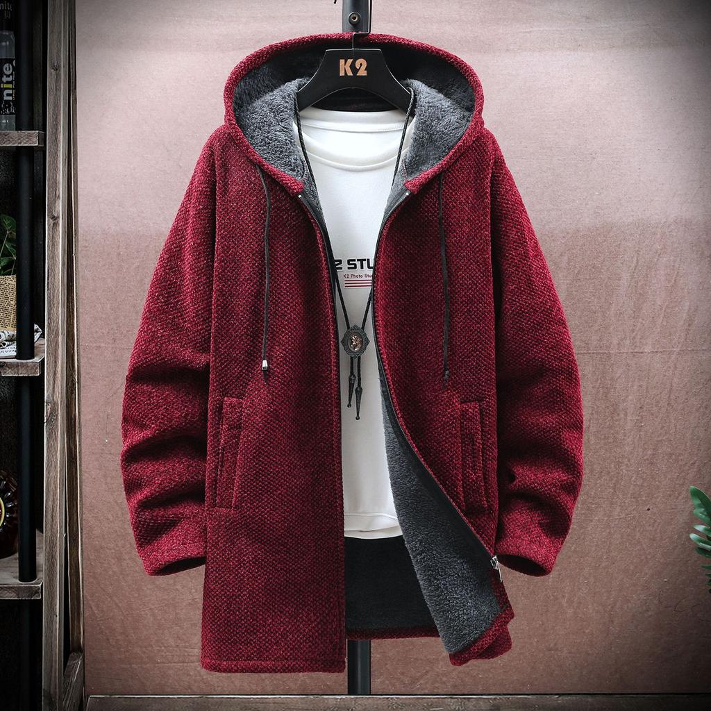 Foreign Trade Men'S Clothing Hooded Medium And Long Chenille Piled Thickened Long-Sleeved Sweater Teen Korean Version Men'S Knitted Sweater