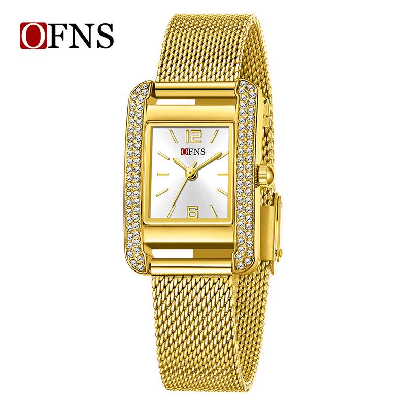 OFNS Elegant Women's Square Dial Watch: Simple Niche Bar Markers, Waterproof, Luxury Diamond Inlaid Quartz.