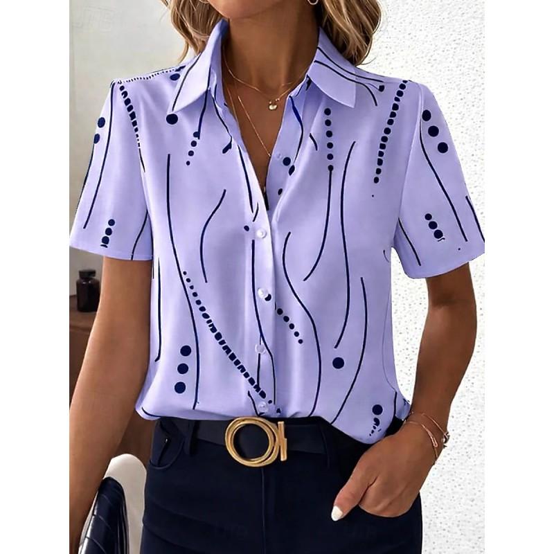 Womens Loose Fit Short Sleeve Printed Shirt Casual Vacation Style Collared Open Front Top