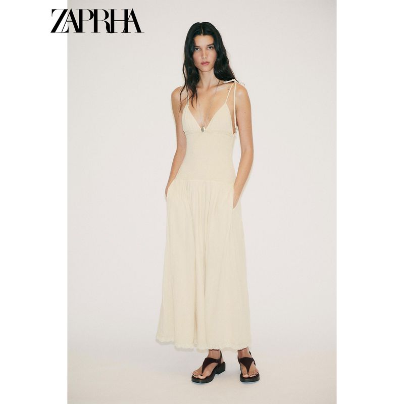 Zaprha 2025 Summer New Fashion Temperament Honeycomb Patchwork V-neck Midi Sling Dress 0881393