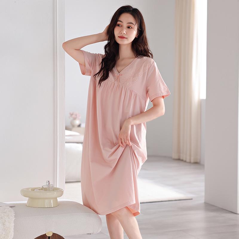 

Women s Summer Cotton Lace Nightgown with Chest Pads, Short Sleeve, Mid-Length, Plus Size L (100-125 jin)