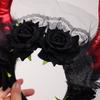 Lace Trim Halloween Cow Horns Headband Flowers Design Red Rose Headband  Women's Accessories