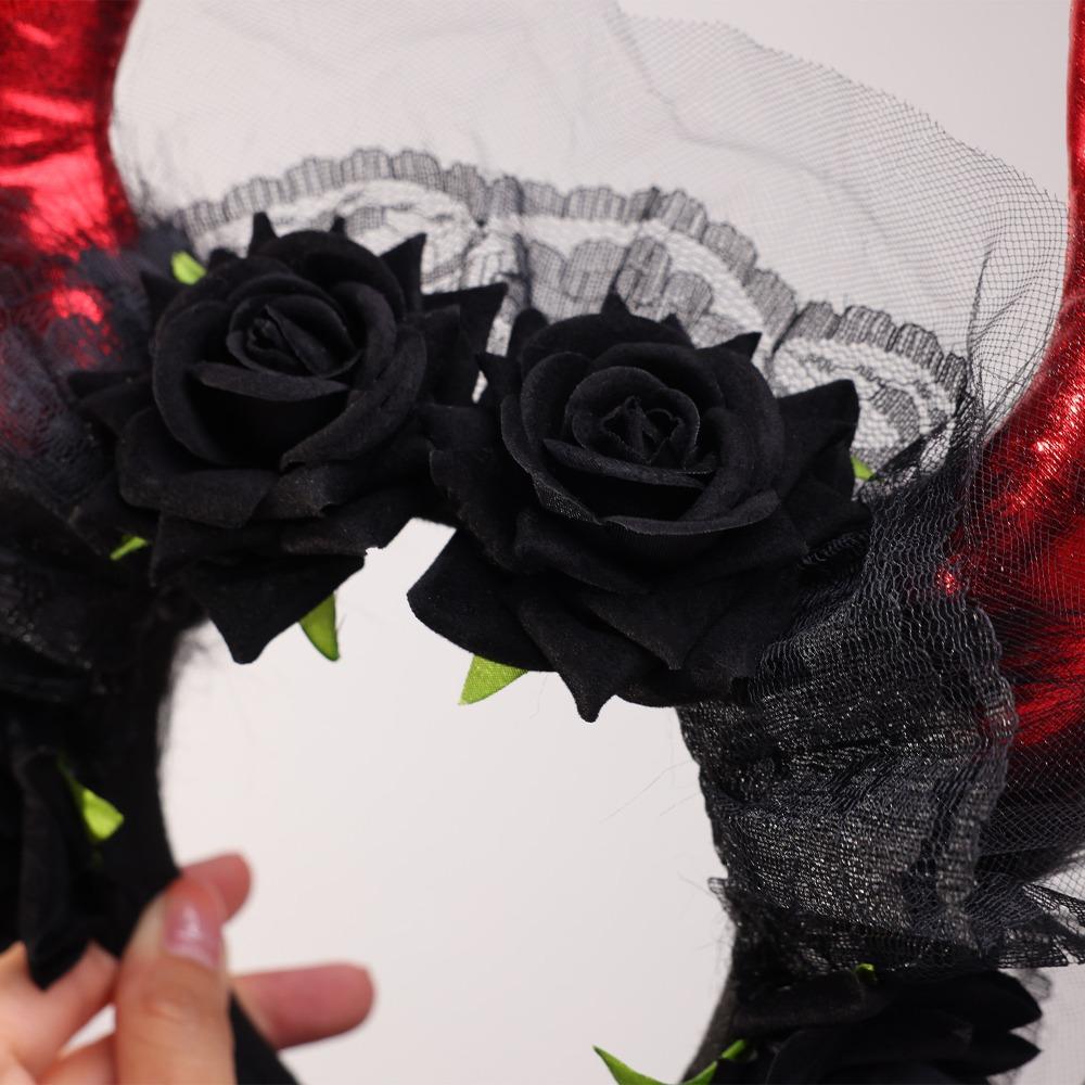 Lace Trim Halloween Cow Horns Headband Flowers Design Red Rose Headband  Women's Accessories