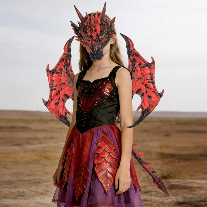 Drachenkostüm für Kinder Jungen Mädchen, Drachenflügel Schwanz Masken-Set, Halloween Dinosaurier Cosplay Kostüm Zubehör