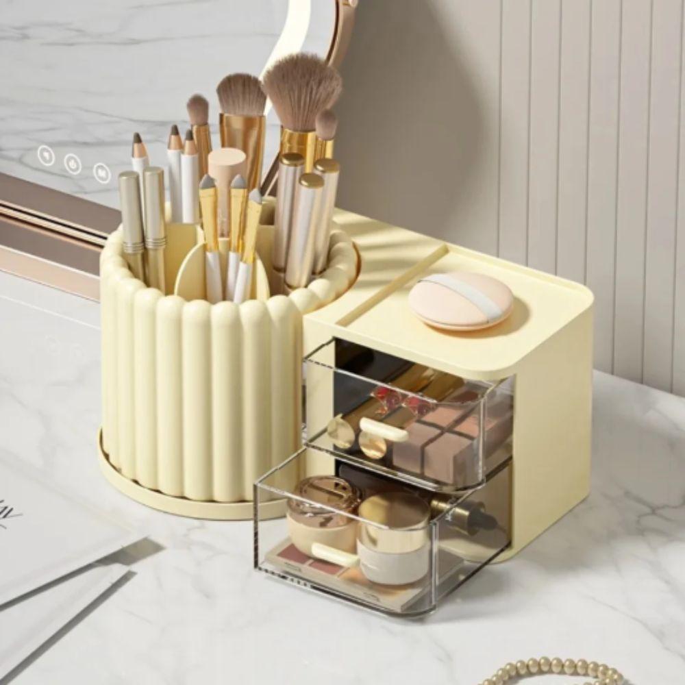 2 Drawers Makeup Brush Holder Large Capacity Desk Organizer Rotating Organizer  Stationery Storage