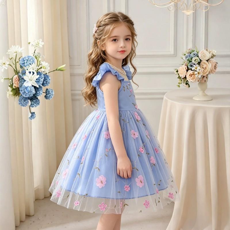 Girls Princess Dress Sleeveless Mesh Tutu Kids Embroidered Floral